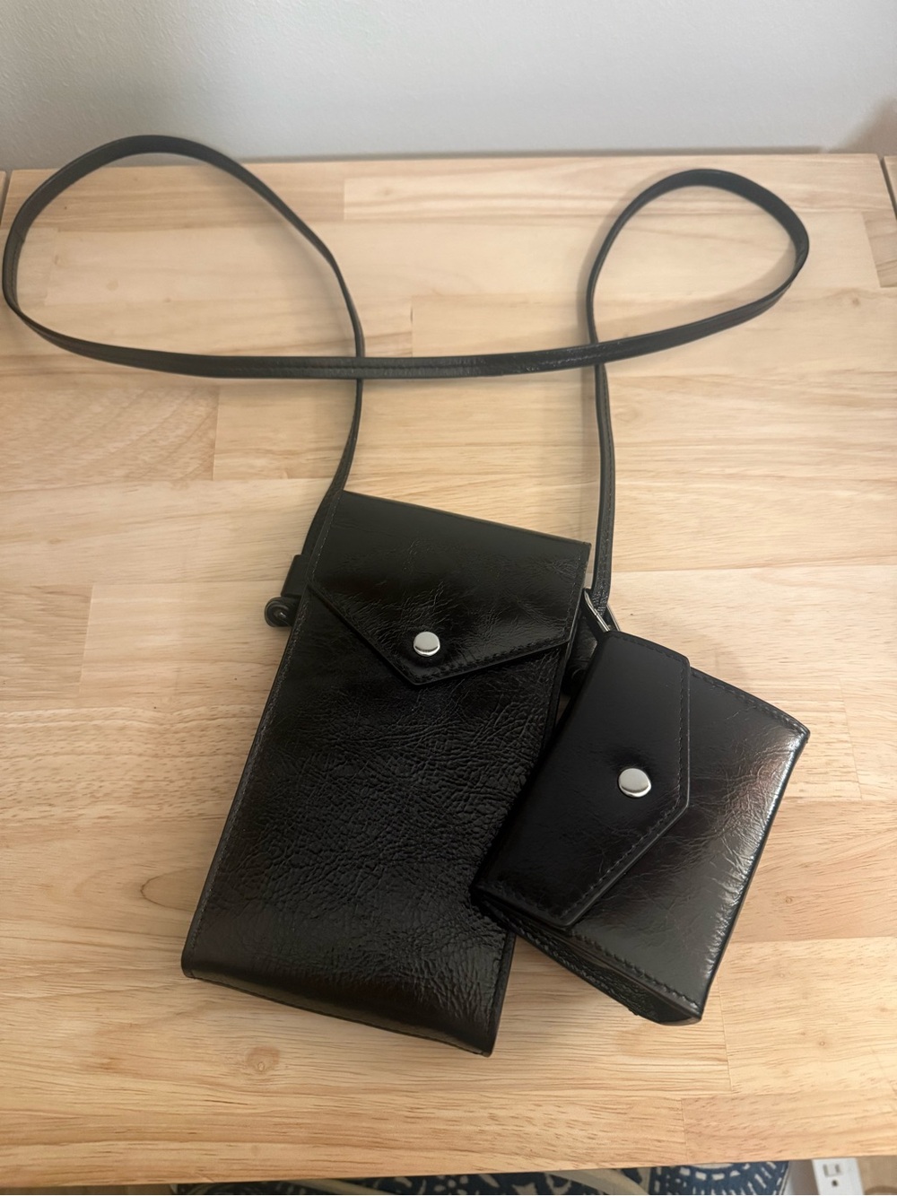 J. Crew Black Faux-Leather Crossbody Phone Pouch with Matching Wallet